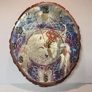 Silver Wolf Dreamcatcher Wood Mounted Clock